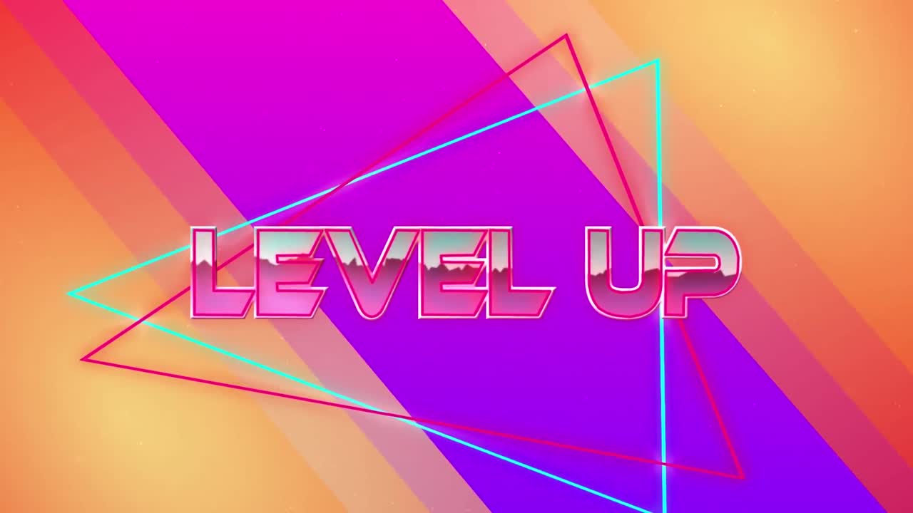Animation of pink metallic text level up, over neon lines, on purple and orange