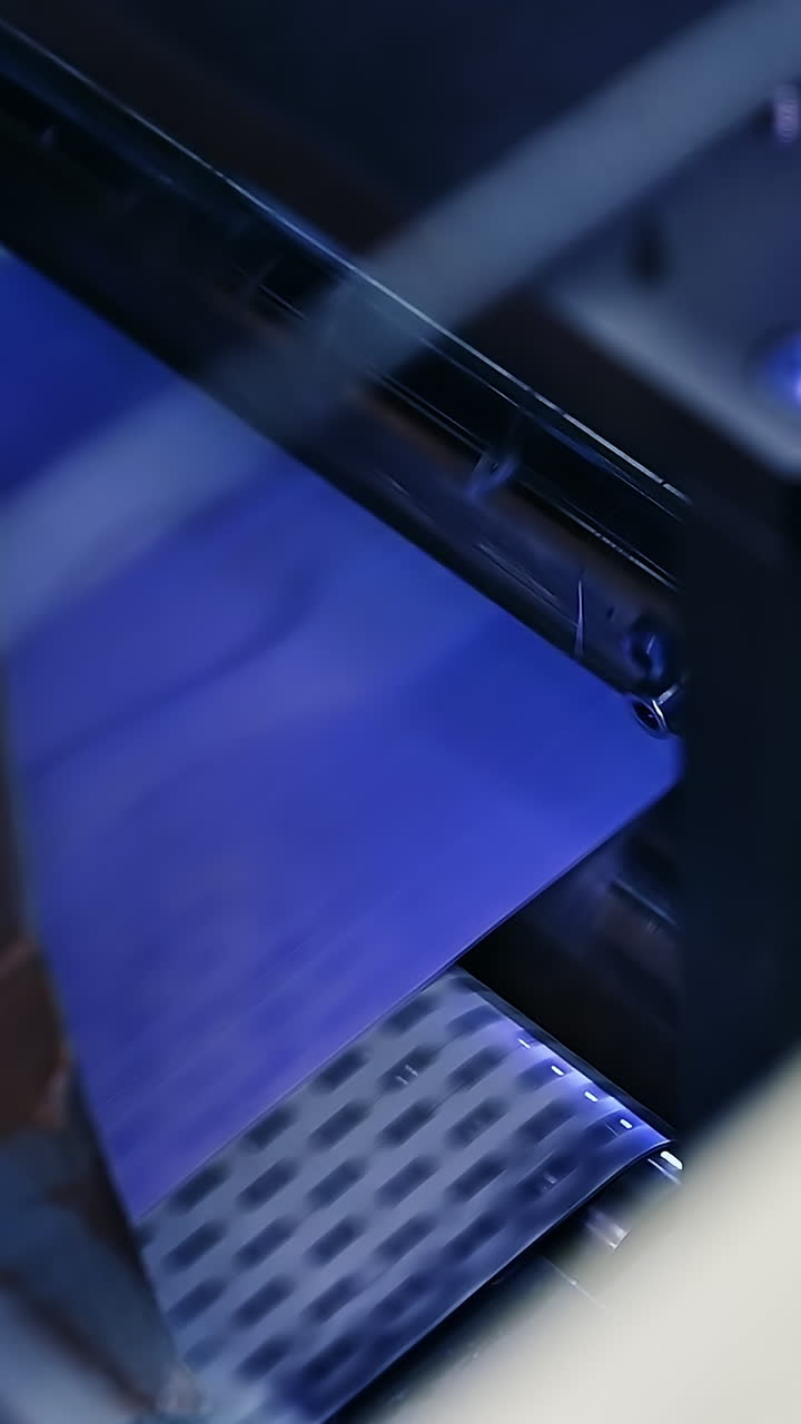 Technological process of producing diapers at the plant. Equipping for manufacturing nappies. Close up. Blurred foreground. Vertical video