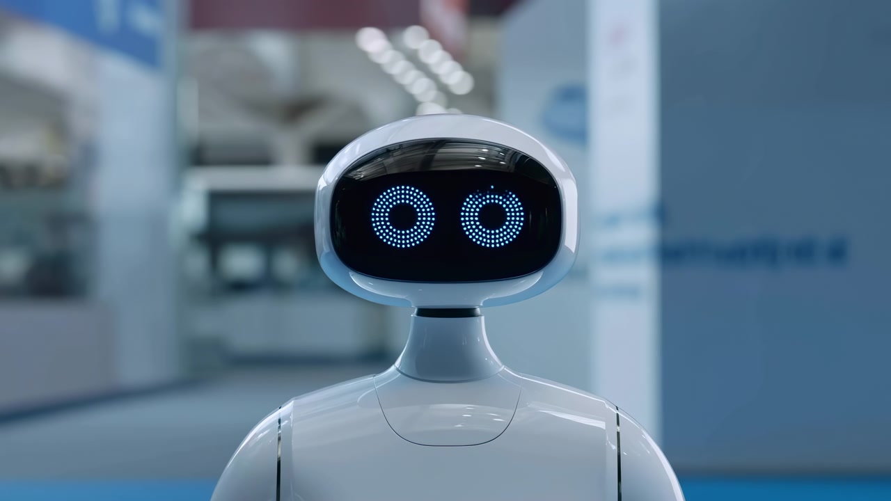 Robot blanco de frente permanece inmóvil mientras gráficos de ojos azules luminosos cambian en su pantalla facial negra, incluyendo un ojo que se estrecha hasta formar una línea corta en un entorno interior fresco