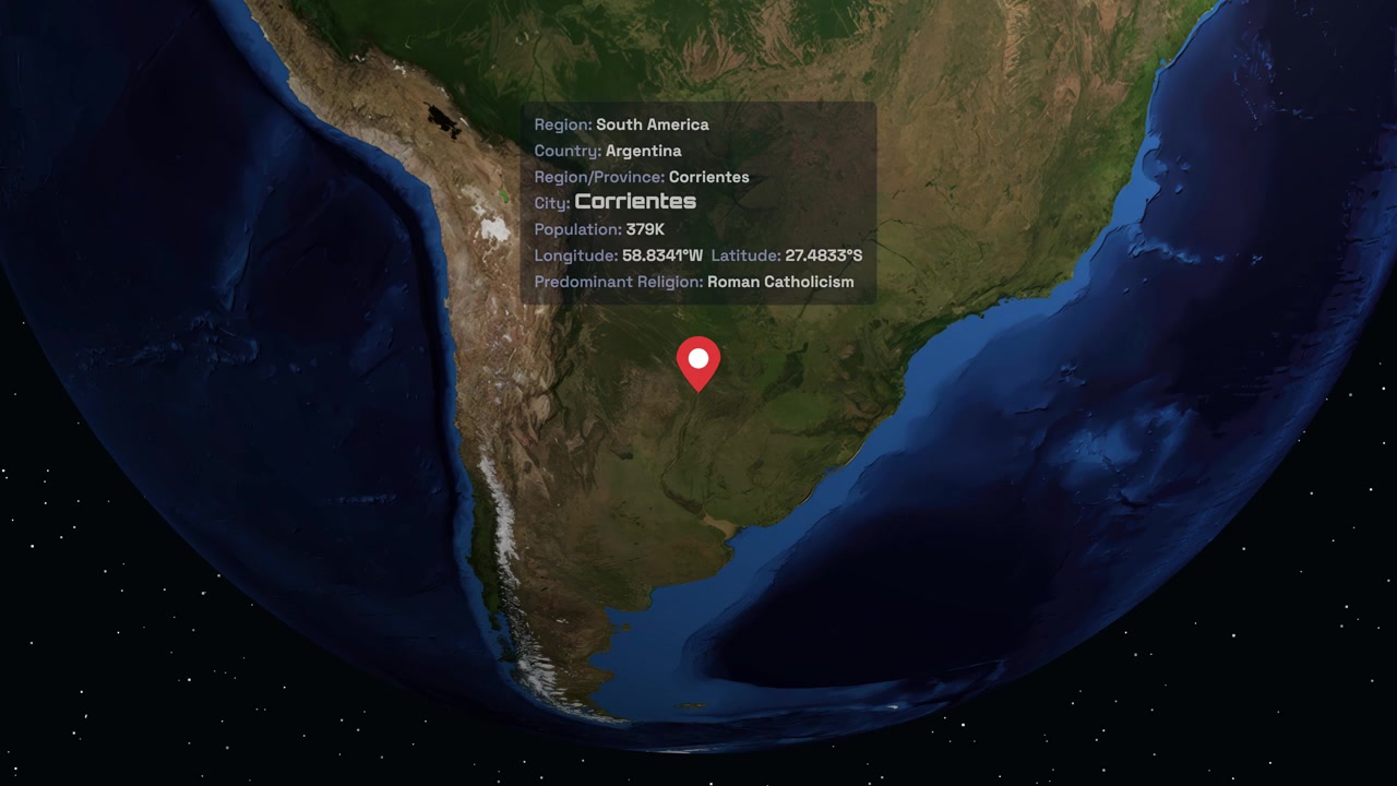 A rotating 3D earth zooms into South America, highlighting Corrientes, Argentina with geographic information