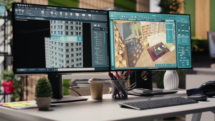 Agenzia vuota con monitor PC che mostra il disegno tecnico di progetti e la modellazione 3D.