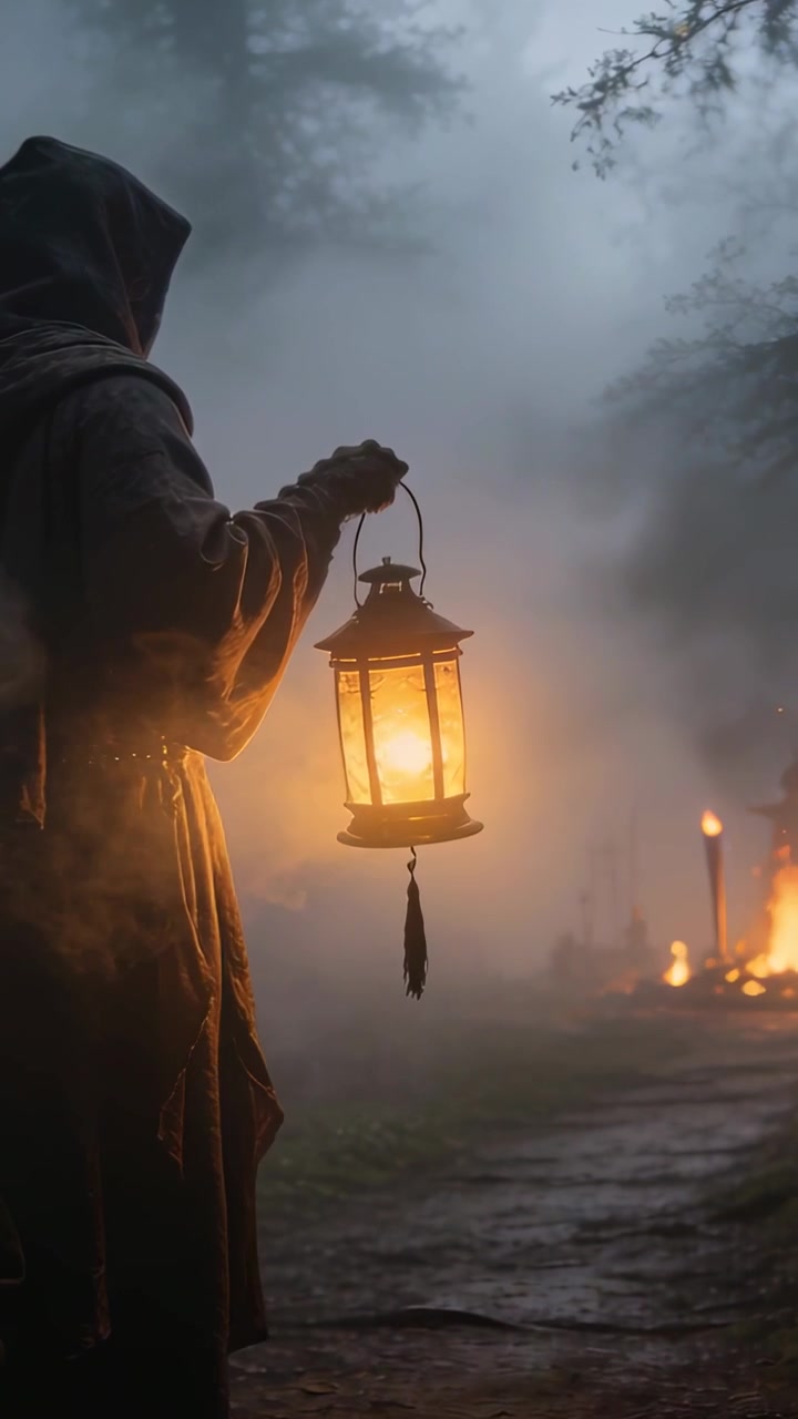 Video verticale: Viaggiatore incappucciato che aggiusta la presa e solleva una lanterna illuminando un sentiero nebbioso, spazio per il testo.