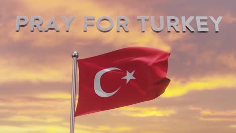 Pray-for-Turkey-text-with-waving-flag-at-sunset