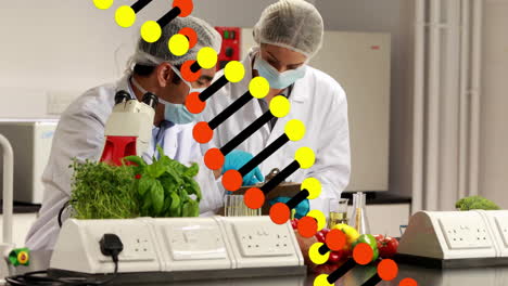 scientists in lab coats analyzing samples with dna strand animation over vegetables