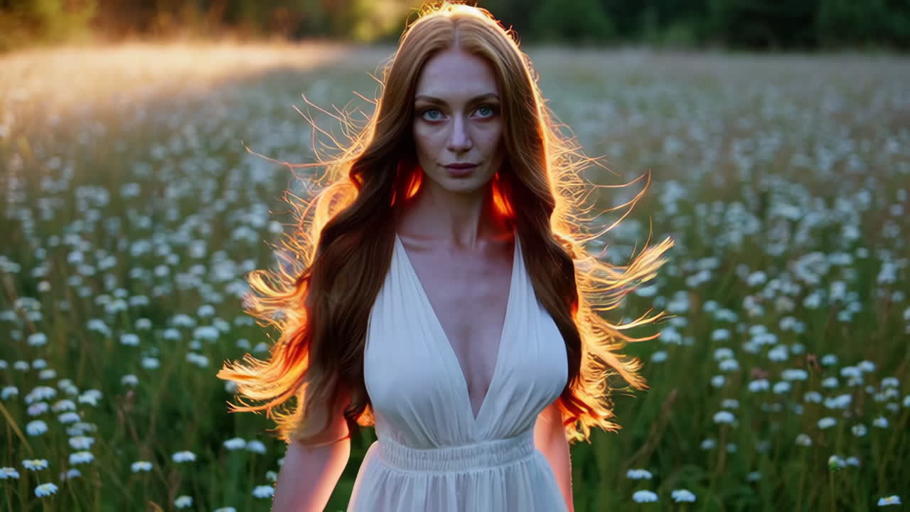 Woman in a white dress in a field at sunset