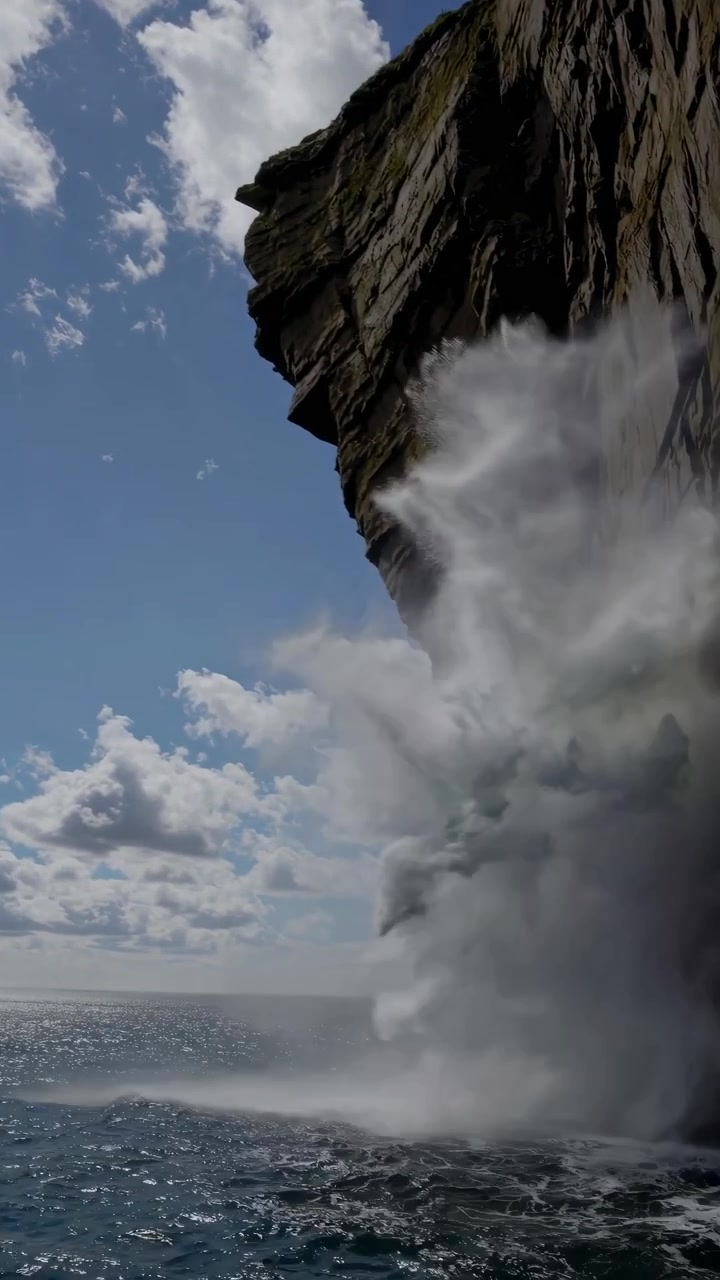 Powerful Ocean Waves Crashing Against Tall Rocky Sea Cliffs