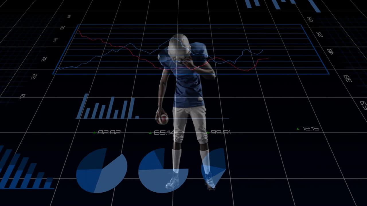 Football player holding helmet over financial data and charts animation