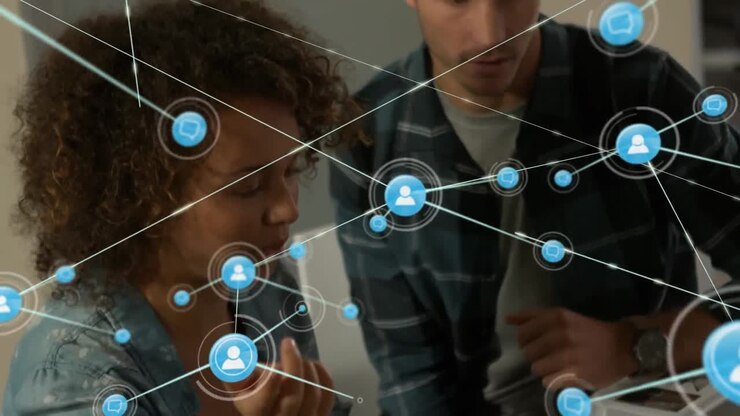 Animation of network of connections over diverse business people in office
