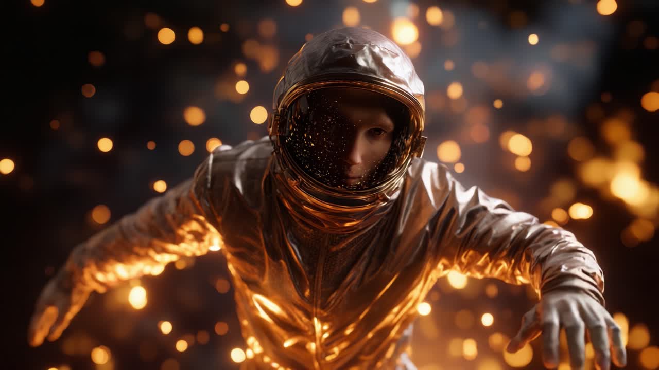 Astronaut v třpytivém obleku obklopený zářícími jiskrami a stíny, vydávající se na průkopnickou cestu odvážným kosmickým prostředím.