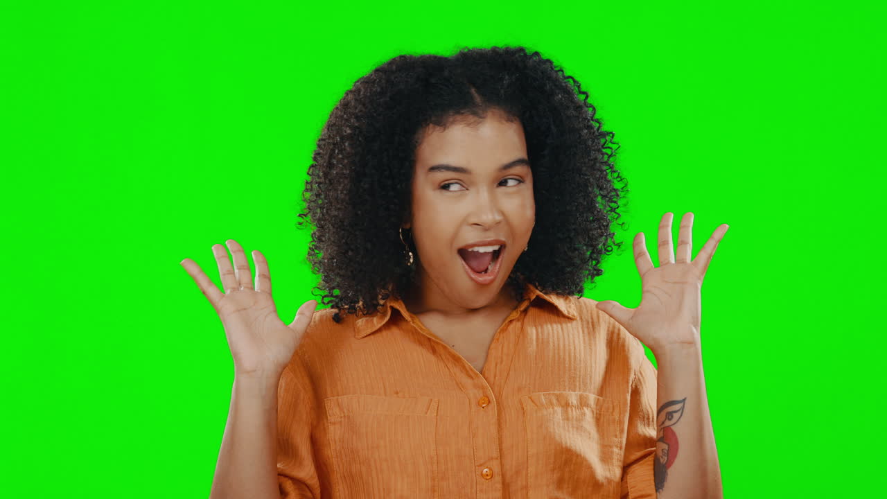 Green screen, excited and woman with surprise