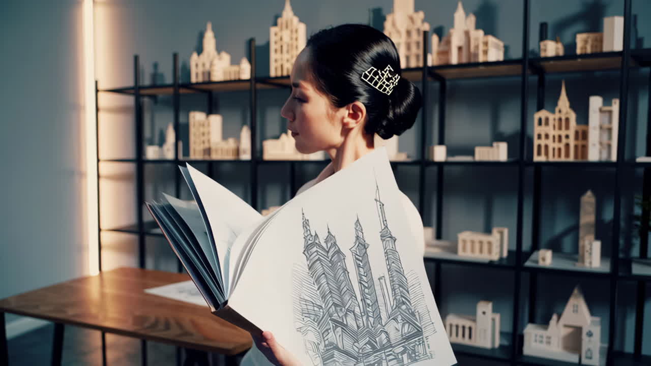 Architect reviewing building designs and models in her studio