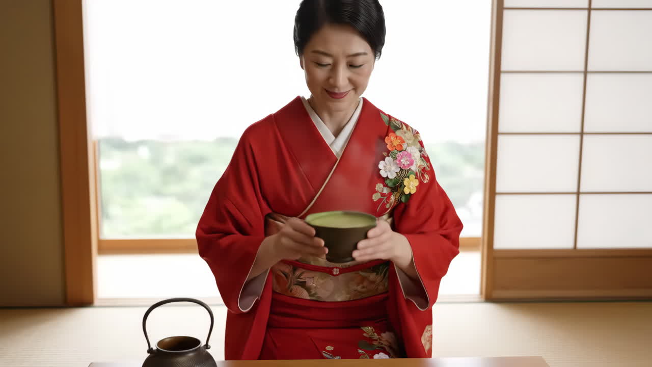 A woman performing a traditional Japanese tea ceremony