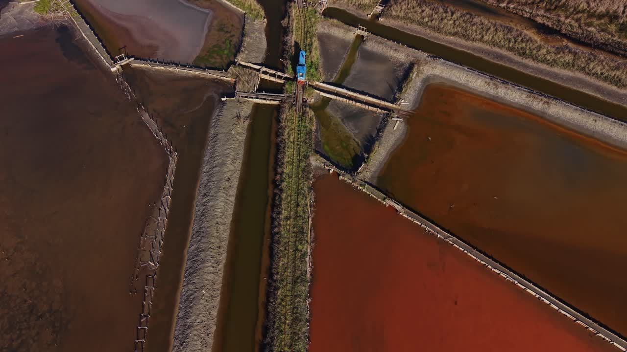 Salt production activity in coastal area with colorful salt ponds