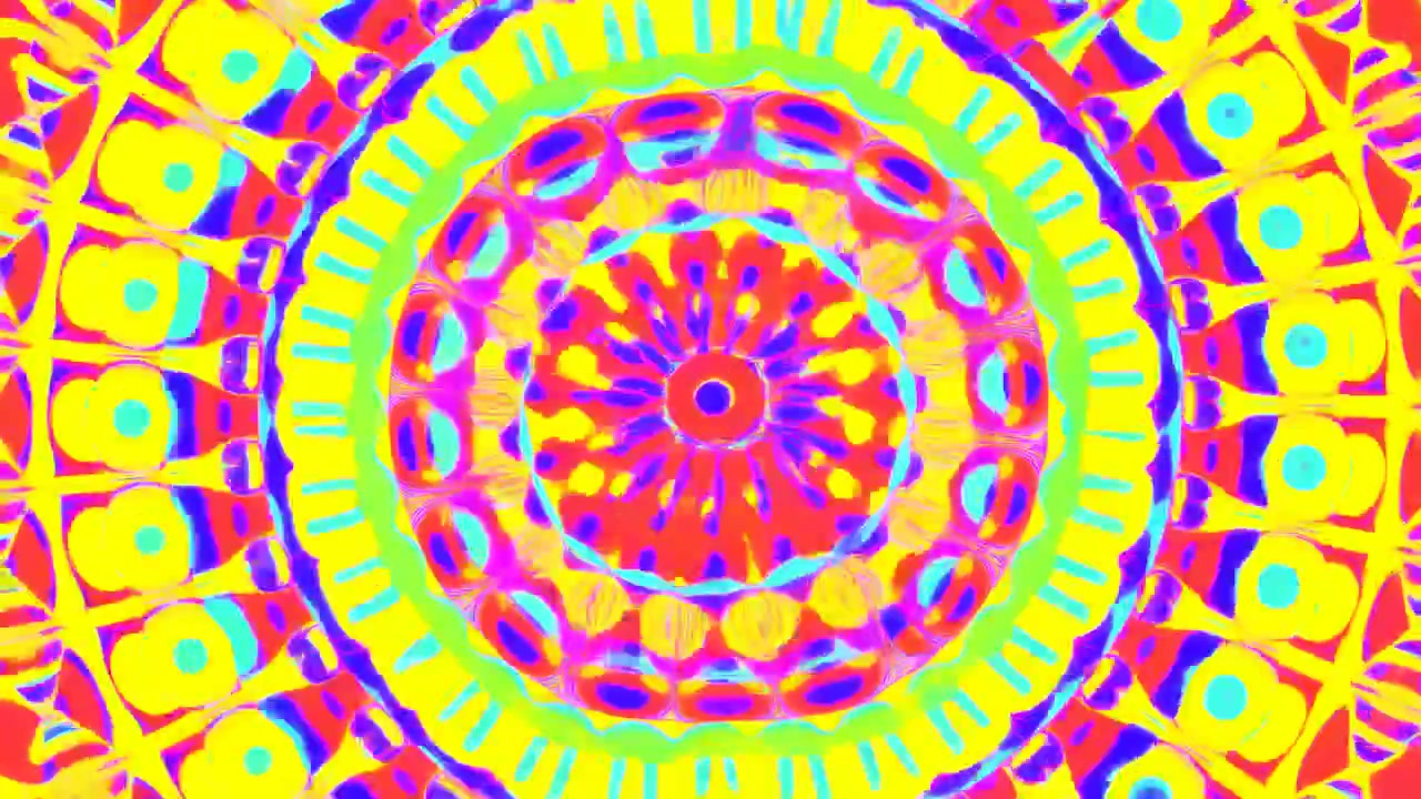 Motivo mandala psichedelico al neon che ruota lentamente con anelli vividi gialli, rosa e ciano, simmetria caleidoscopica.
