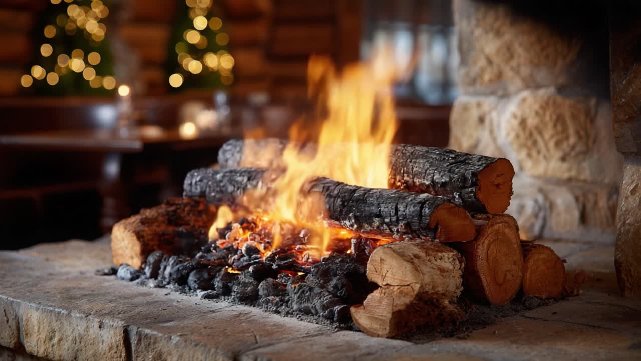 Cozy and Inviting Fireplace Scene with Flickering Flames and Warmth, Perfect for Creating a Relaxing Atmosphere in a Rustic Cabin Setting