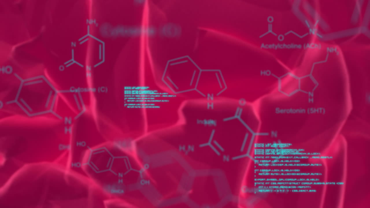 화학 공식의 애니메이션과 뇌, 정맥 및 번개에 대한 데이터 처리