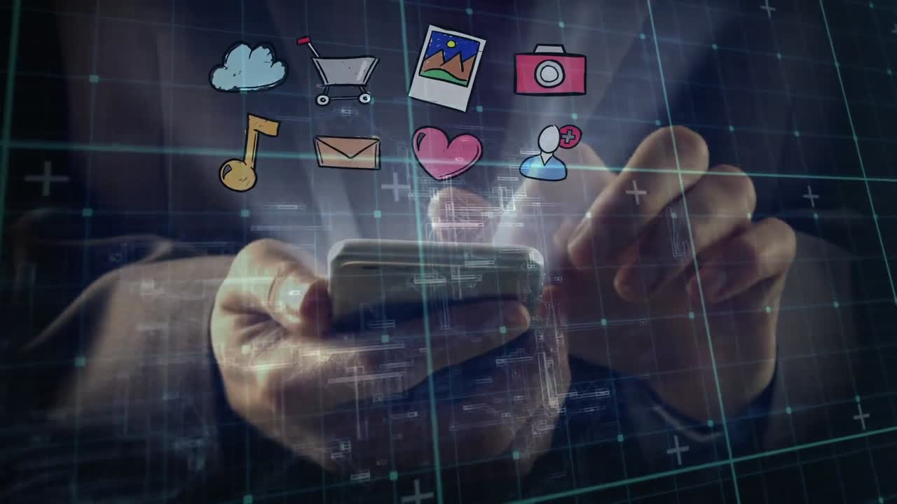 animación de los iconos de las redes sociales sobre el hombre de negocios que usa un teléfono inteligente