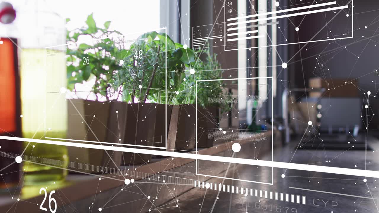 Network nodes popping up over herb planter, AR panels updating stats to show growth progress