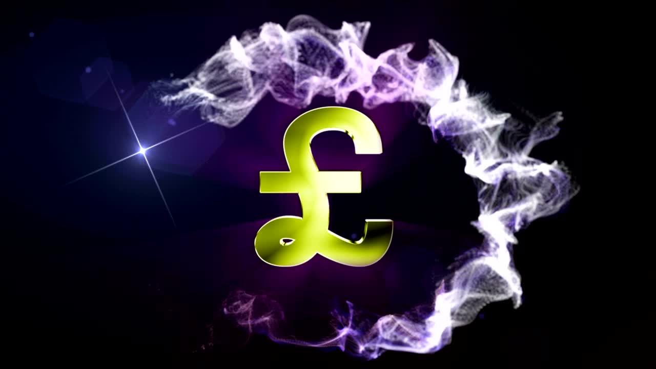 símbolo de esterlina en anillo de partículas, con transición blanca final, animación, representación, fondo, bucle