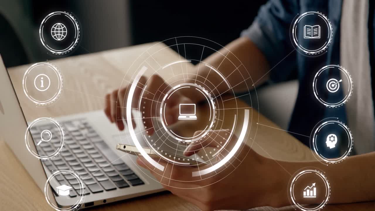 animación de iconos educativos que caen sobre una persona que usa una computadora portátil