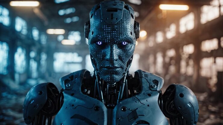 Robot umanoide futuristico si trova in un magazzino abbandonato, mostrando capacità avanzate di intelligenza artificiale e un intricato design meccanico in un ambiente industriale scarsamente illuminato.