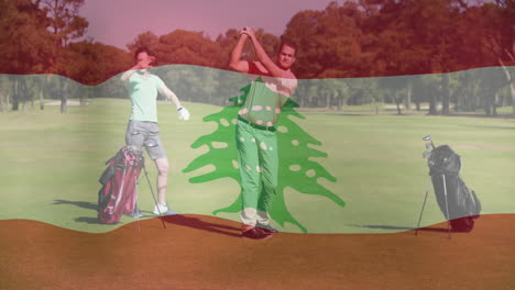 mature man swinging golf club on fairway while woman cheering with animated business charts