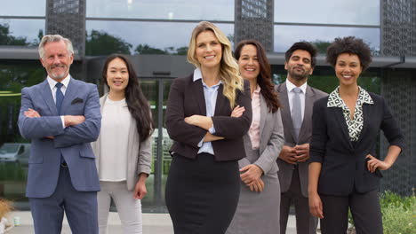 Retrato-De-Un-Sonriente-Equipo-De-Negocios-Multicultural-Fuera-Del-Moderno-Edificio-De-Oficinas