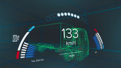 Animation-of-speedometer,-gps-and-charge-status-data-on-vehicle-interface,-over-3d-truck-model