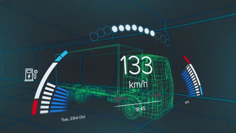animación del velocímetro, el gps y los datos del estado de carga en la interfaz del vehículo, en un modelo de camión 3d