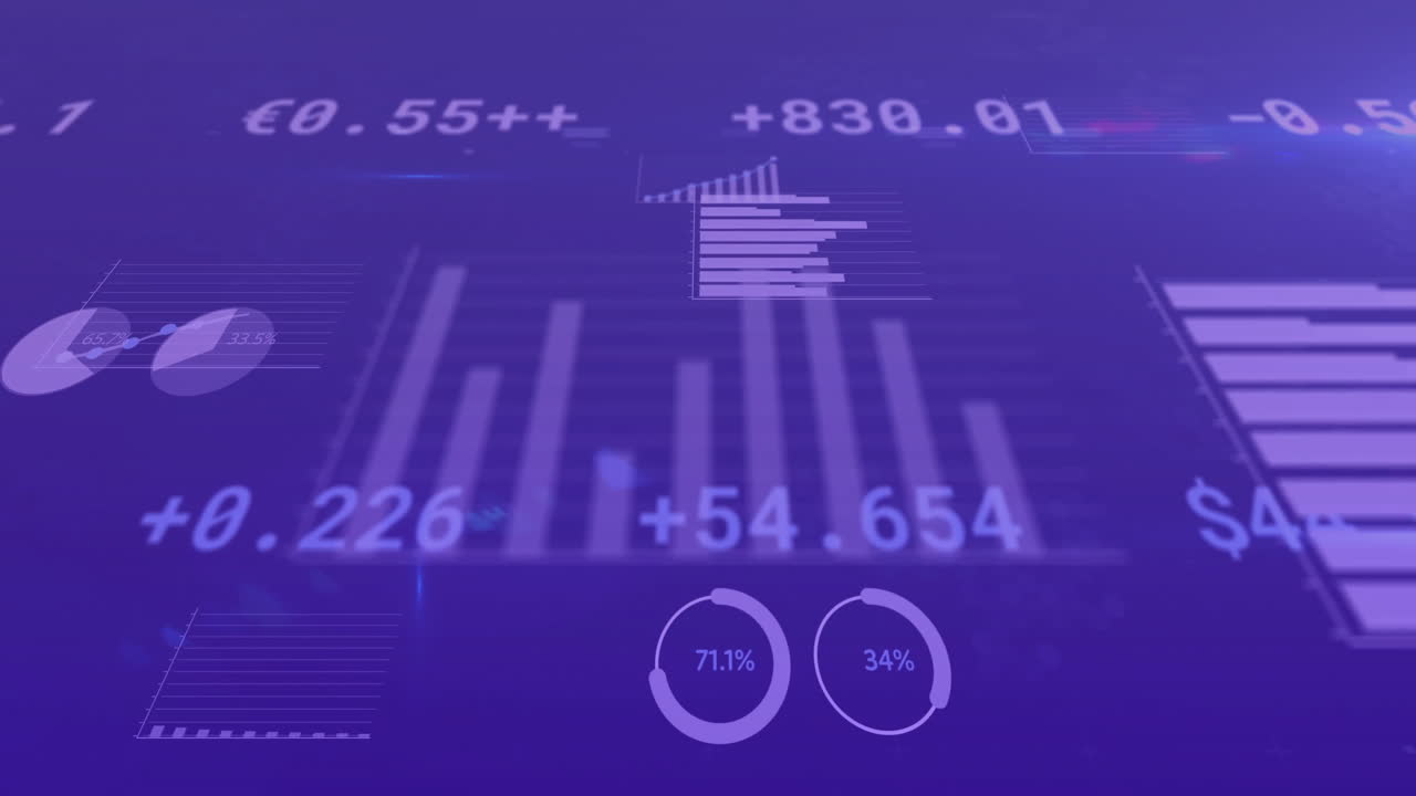 Animation of financial data processing over dark background