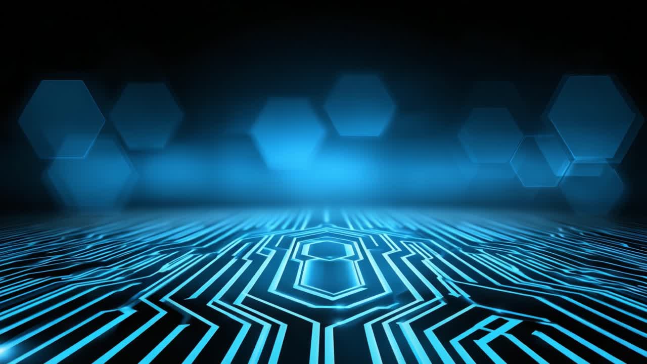 Futuristic Technology Background with Glowing Hexagons and Circuit Patterns, Perfect for Digital Designs and Visual Effects in Media Productions
