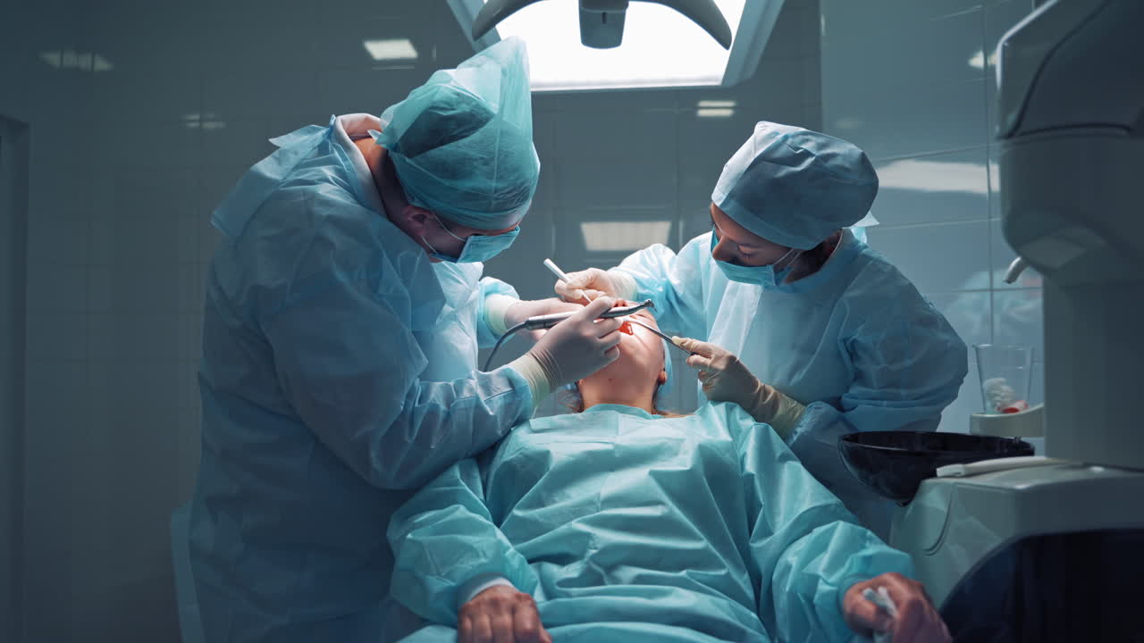 Dentist repairing patient tooth. Work of the dentist with the client in the dental clinic