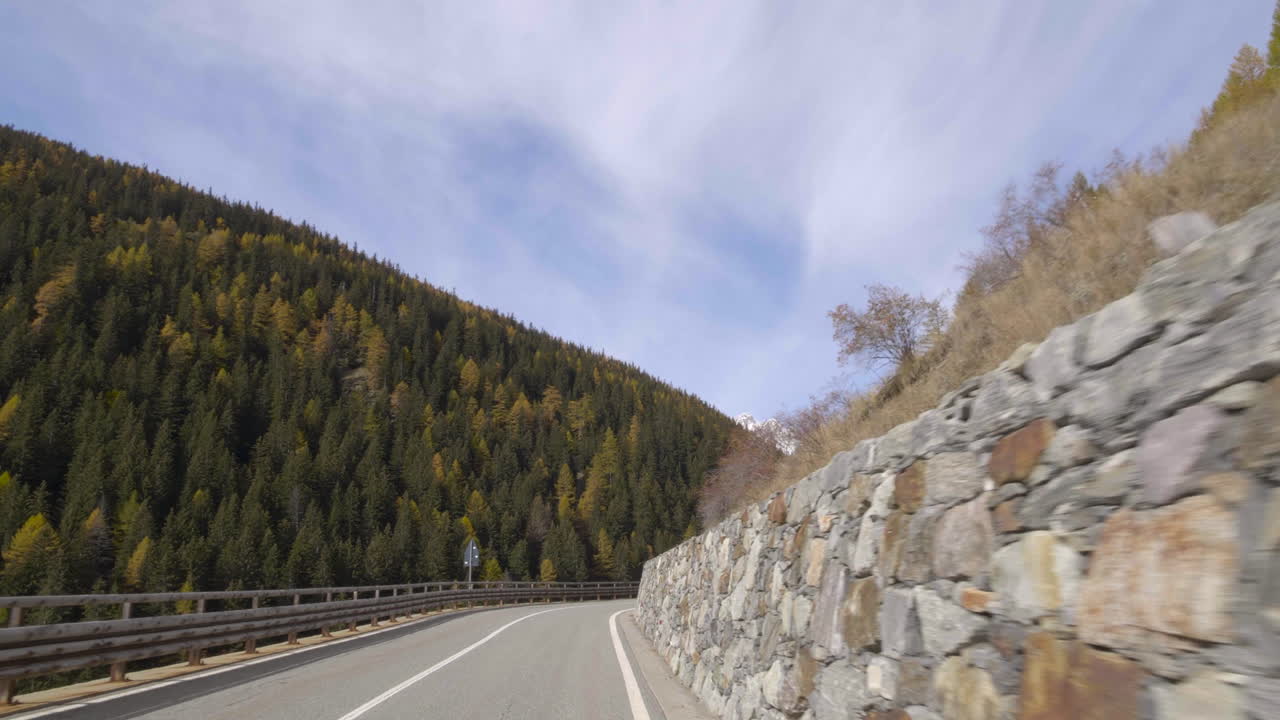 도로를 타고 눈 덮힌 산으로 여행하며 주변에서 거대한 숲을 볼 수 있습니다.