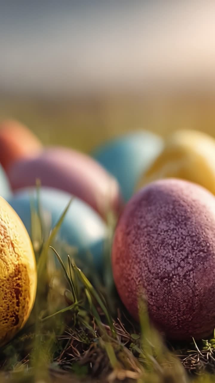 Farbenfrohe Ostereier eingebettet in saftigem grünen Gras, die die Essenz frühlingshafter Festlichkeiten und die Freude neuer Anfänge einfangen.