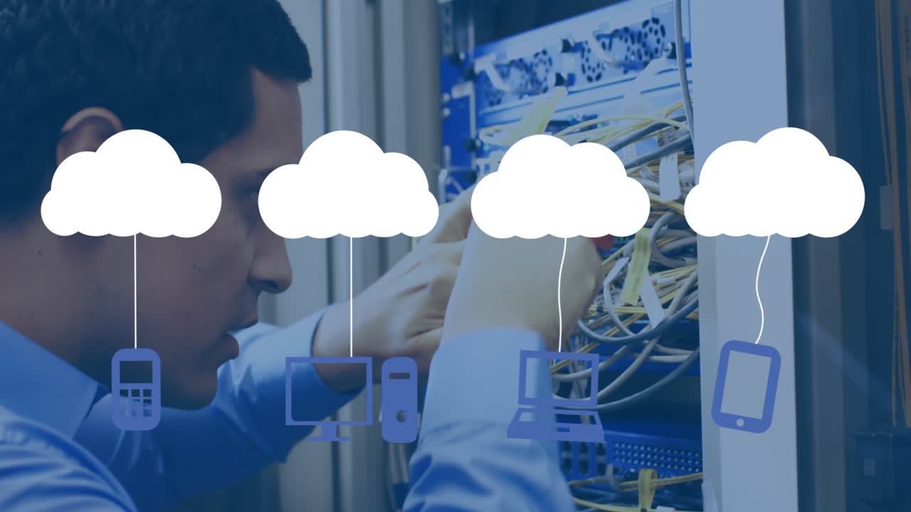 Animation of media icons over biracial male worker inspecting server room