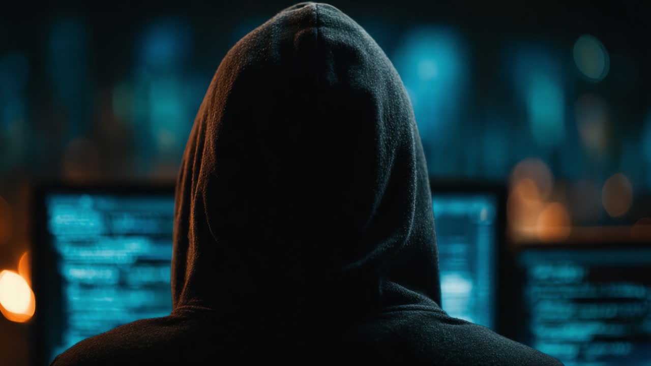 Una Figura Misteriosa in Felpa con Cappuccio Si Concentra su Schermi di Codifica Scuri, In Mezzo a uno Sfondo Sfocato Che Suggerisce un Intenso Ambiente Cyber e un'Coinvolgente Attività Digitale