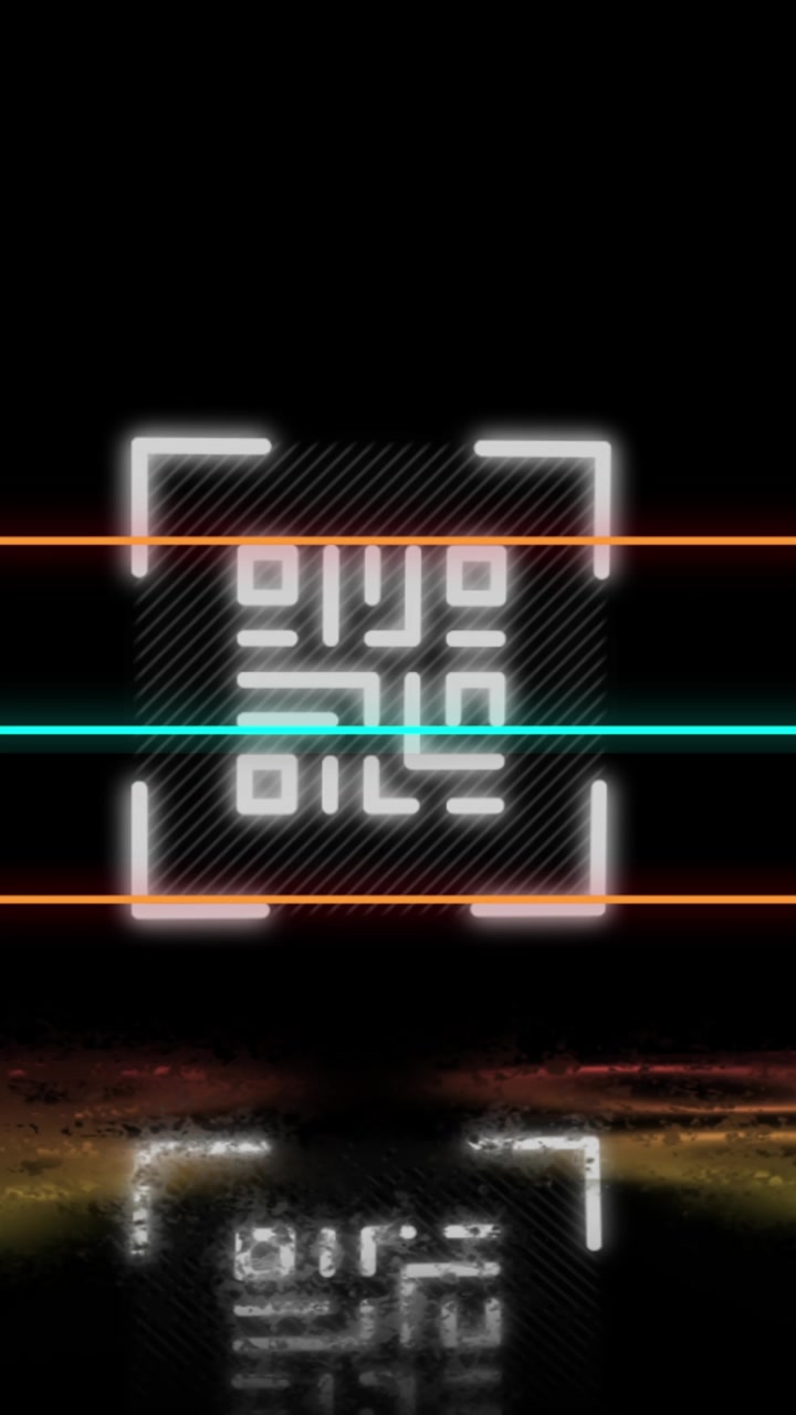 Animation eines leuchtenden QR-Codes über geometrischen Neonformen