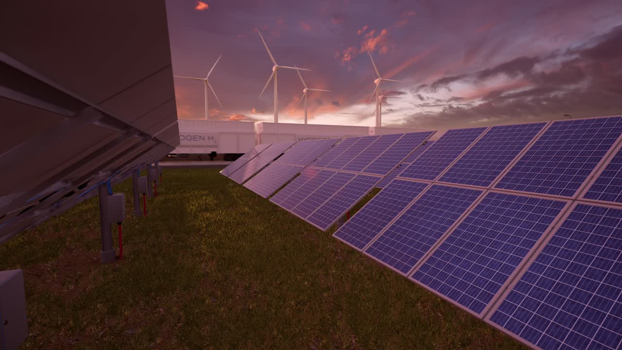 Hub energetico rinnovabile, produzione di idrogeno con pannelli solari e turbine eoliche al tramonto