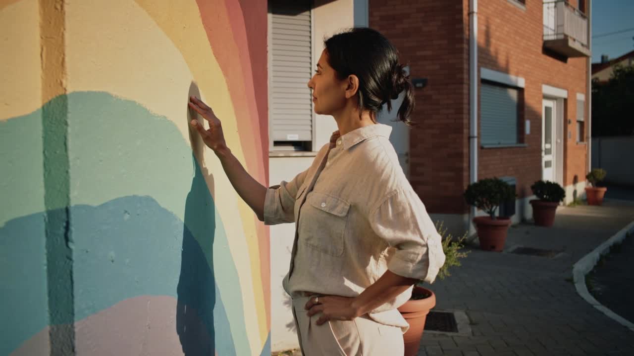 Alzando la mano, donna adulta che traccia un murale arcobaleno su una strada residenziale, con camicia e pantaloni beige