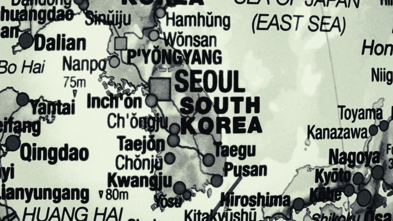 Close-up of a map showing South Korea and its surrounding region