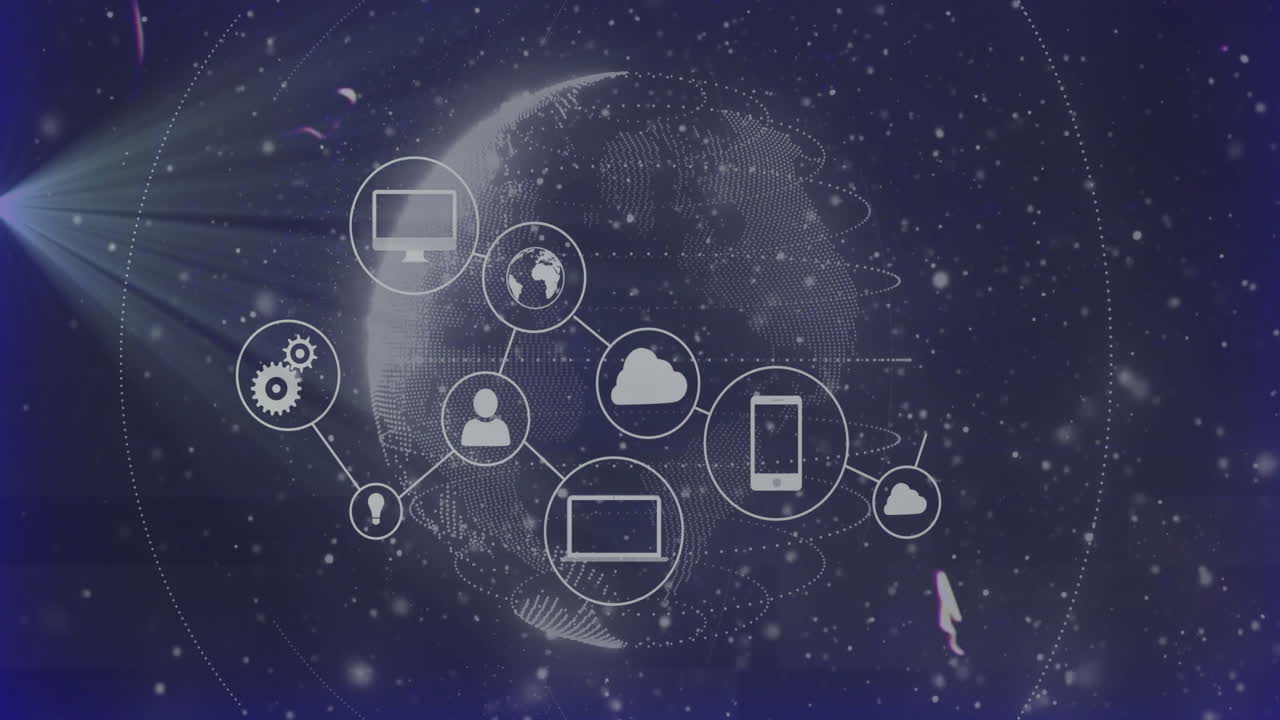 Digital network icons connected over globe with starry background animation
