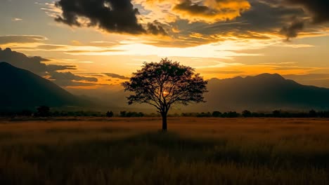 a lone tree in the middle of a grassy field at sunset