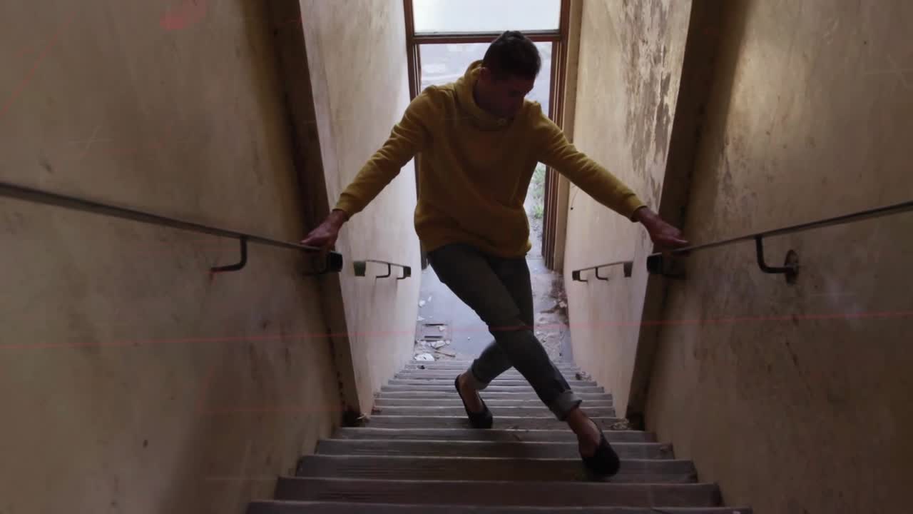 Tech red grid overlay appearing scanning beam sparking man using rails climbing stairs toward exit