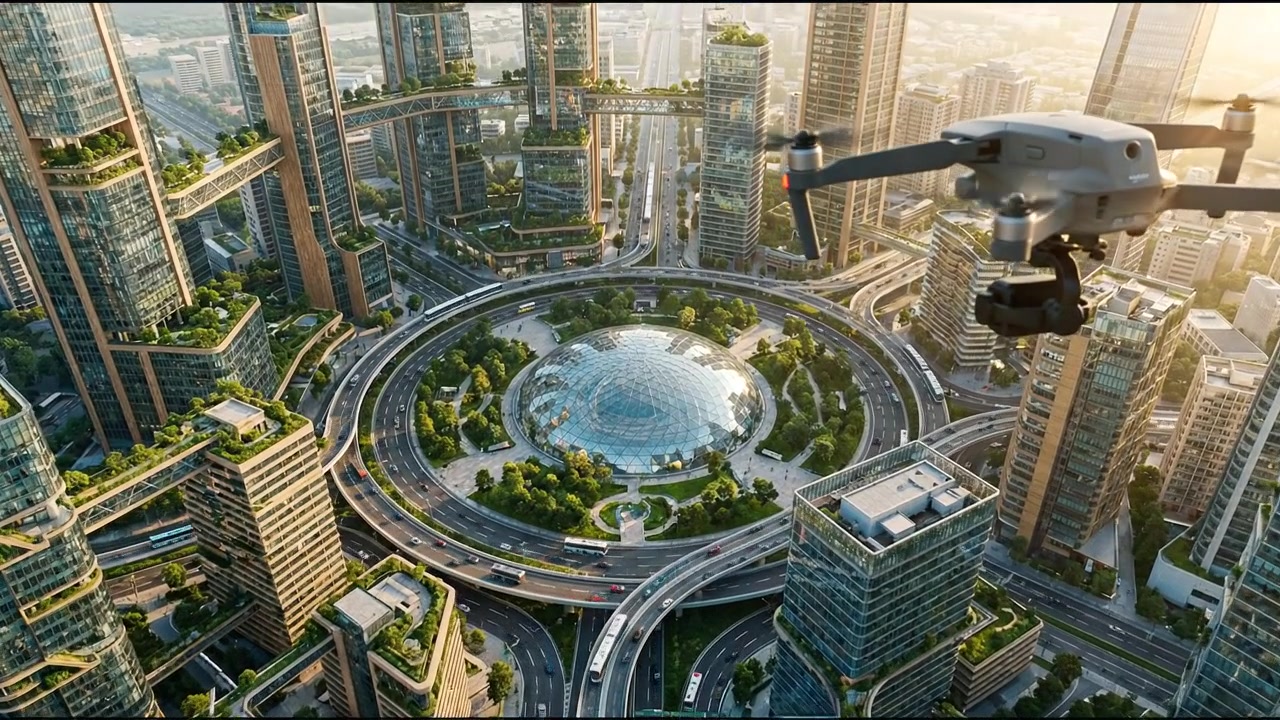 Aerial view of a complex multilane highway interchange in a modern city