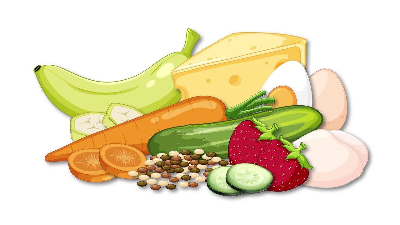 Colorful low FODMAP foods assemble smoothly, highlighting variety and freshness in a clean layout