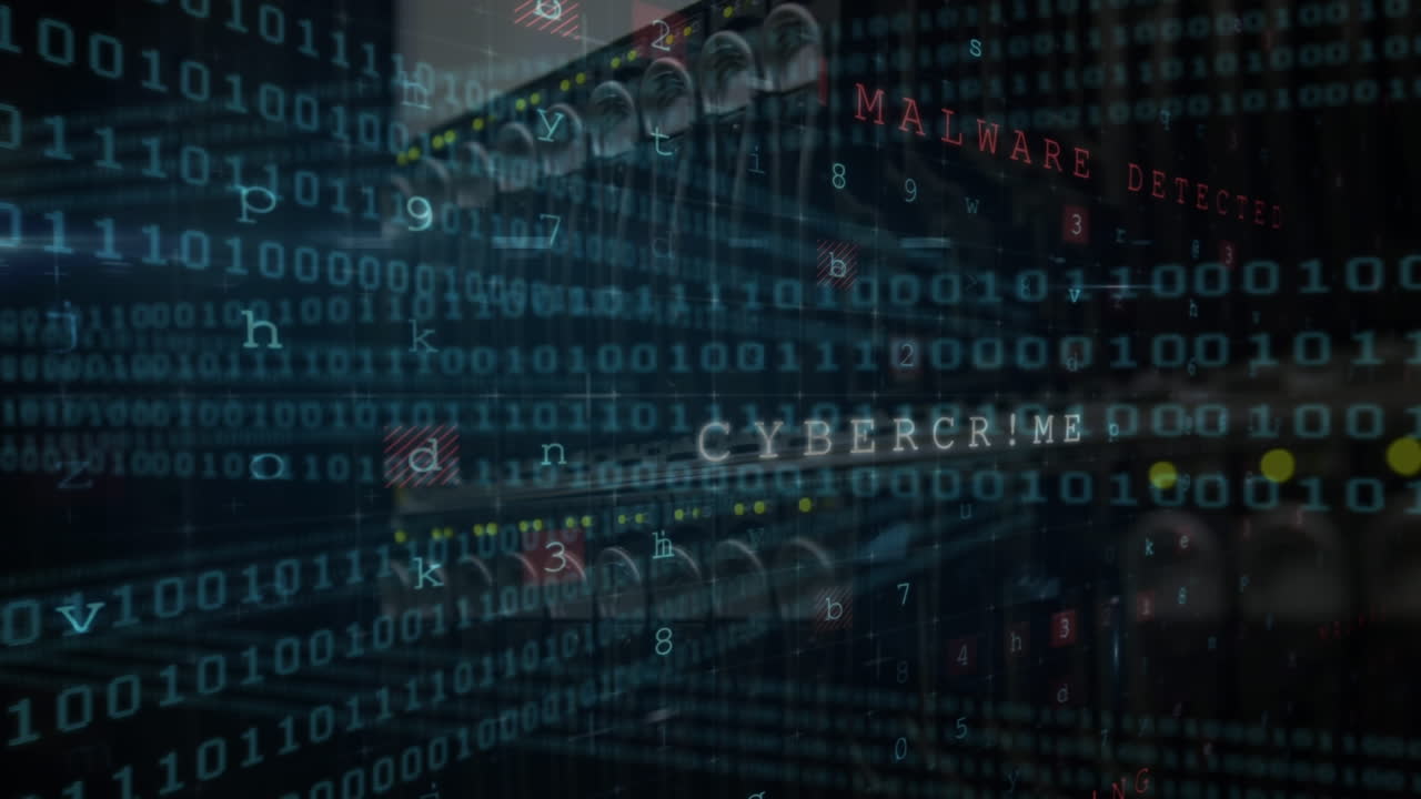 Animation of digital data processing over dark background