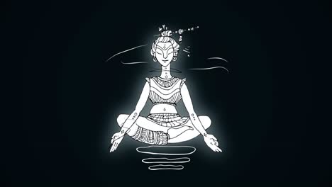 white animated picture of yogi on a dark background in the lotus position. meditation and relax