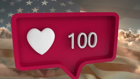 animación del icono del corazón con números en la burbuja de habla con la bandera de los estados unidos