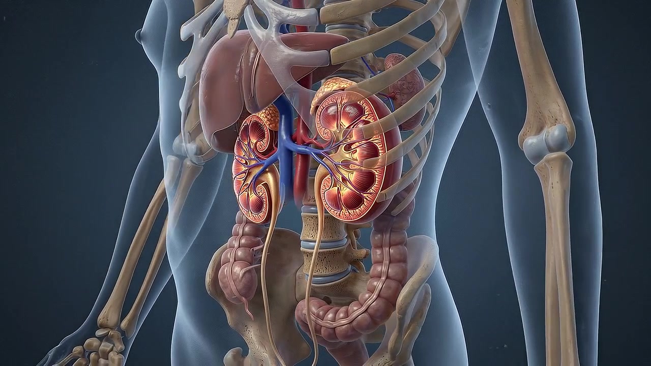 Human kidney and urinary tract anatomy inside transparent torso
