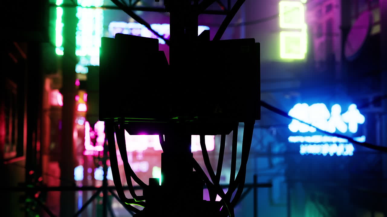 Neon lights illuminate urban street surrounded by wires and shadows at night